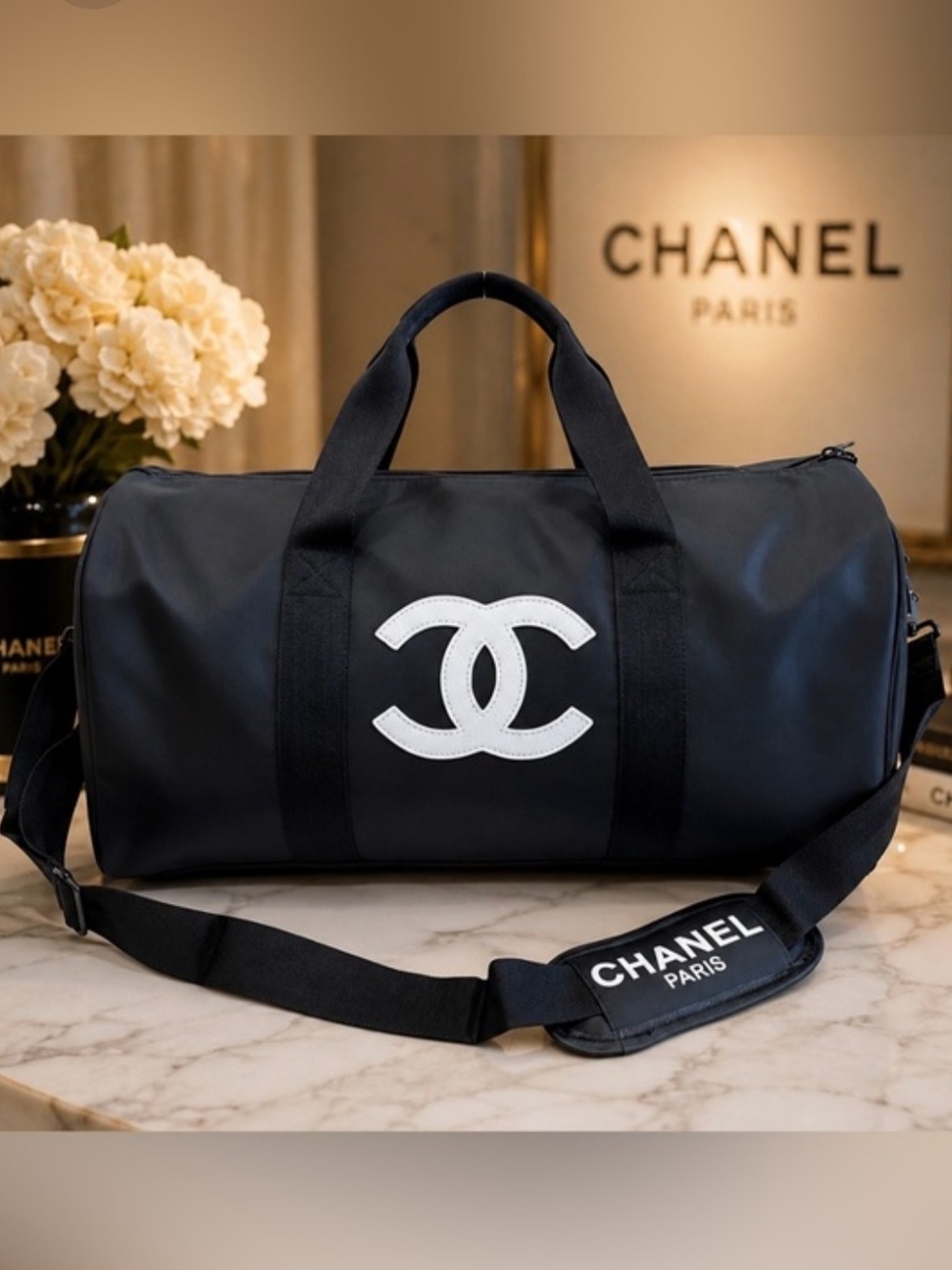 CHANEL GWP Black Duffel Bag with White CC Logo